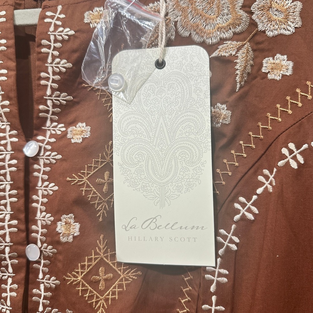La Bellum Hillary Scott Maxi Dress 1X Brown Embroidered Boho Peasant‎ Cottage - Picture 9 of 12